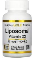 Липосомальный витамин Д3 Калифорния Голд Нутришн (Liposomal Vitamin D3 California Gold Nutrition), 25 мкг (1000 МЕ), 60 растительных капсул