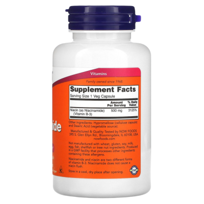 Ниацинамид Нау Фудс (Niacinamide (Vitamin B3) Now Foods), 500 мг, 100 капсул